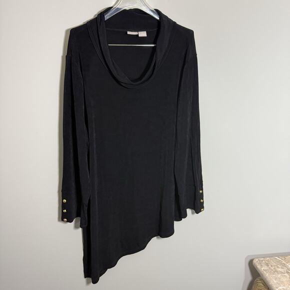 Chico’s Size 4 US XXL /20 Tunic Blouse Top Black Asymmetrical Hem Slinky Cowl - Picture 1 of 7